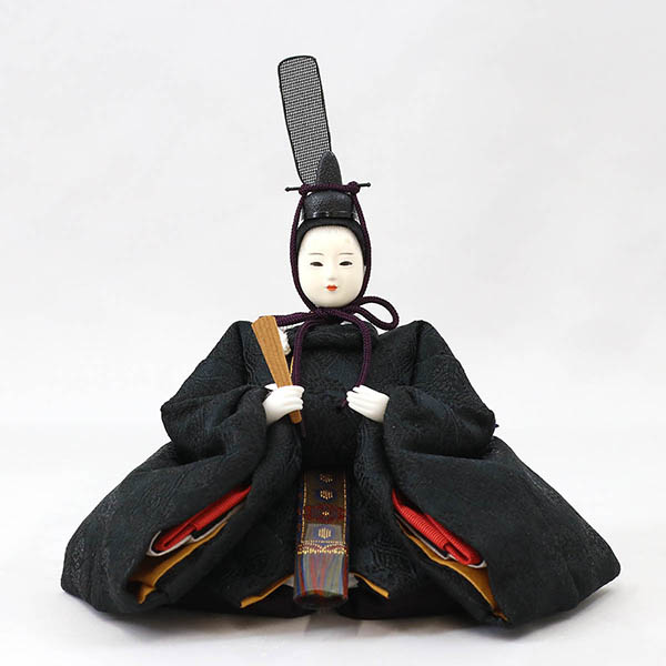 柴田家千代　 雛人形　柴田家千代作 葵 有職 向鶴丸文 黒/赤 柳親王 裾長衣装着 アートフラワー 白木 木目 飾り台 屏風　詳細画像