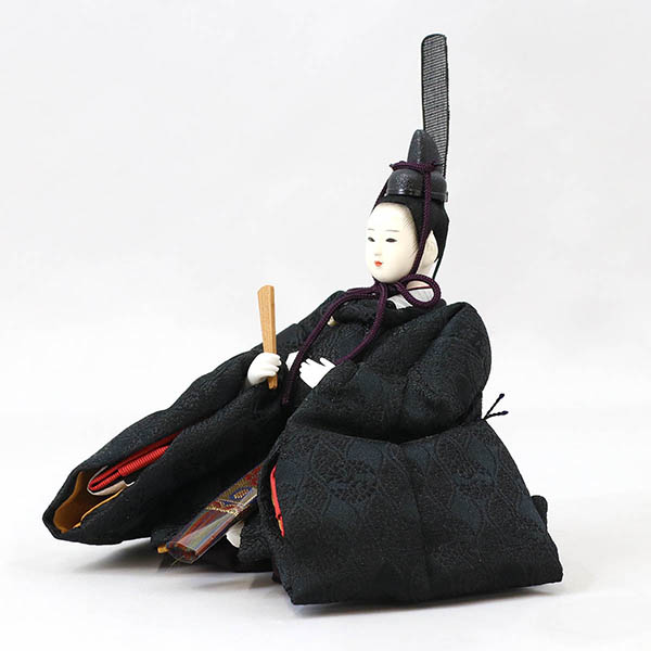 柴田家千代　 雛人形　柴田家千代作 葵 有職 向鶴丸文 黒/赤 柳親王 裾長衣装着 アートフラワー 白木 木目 飾り台 屏風　詳細画像