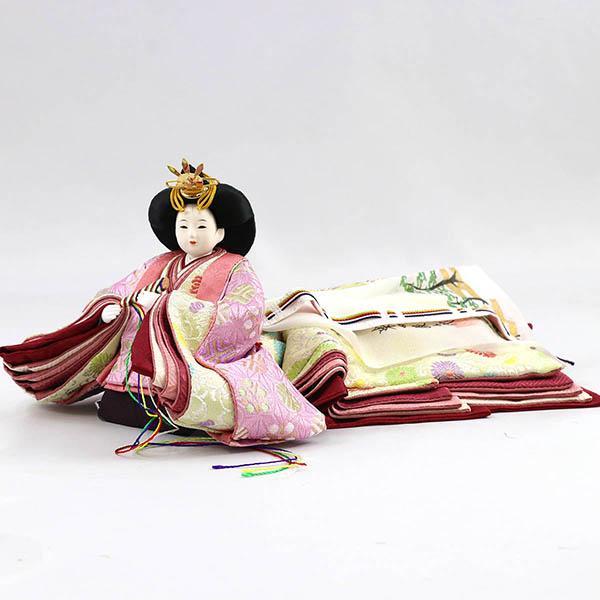 柴田家千代　 雛人形　柴田家千代作 葵 麻の葉に丸文 薄紫ピンク 柳親王 裾長衣装着 アートフラワー 白木 木目 飾り台 屏風　詳細画像