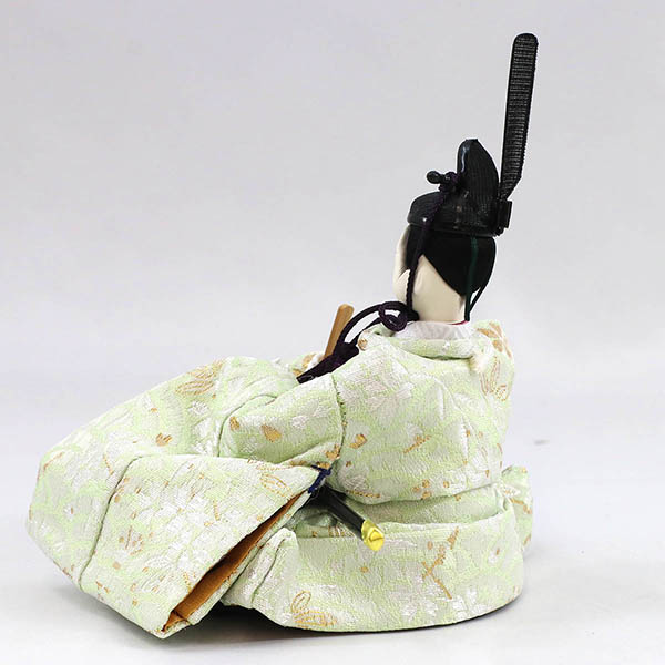 柴田家千代　 雛人形　柴田家千代作 葵 金襴 桜文様 薄緑/ピンク 柳親王 裾短衣裳着 アートフラワー 白木 木目 飾り台 屏風　詳細画像