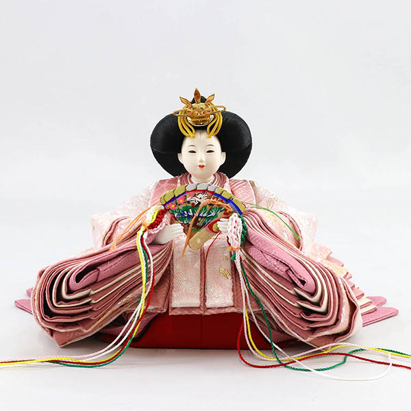 柴田家千代　 雛人形　柴田家千代作 葵 金襴 桜文様 薄緑/ピンク 柳親王 裾短衣裳着 アートフラワー 白木 木目 飾り台 屏風　詳細画像