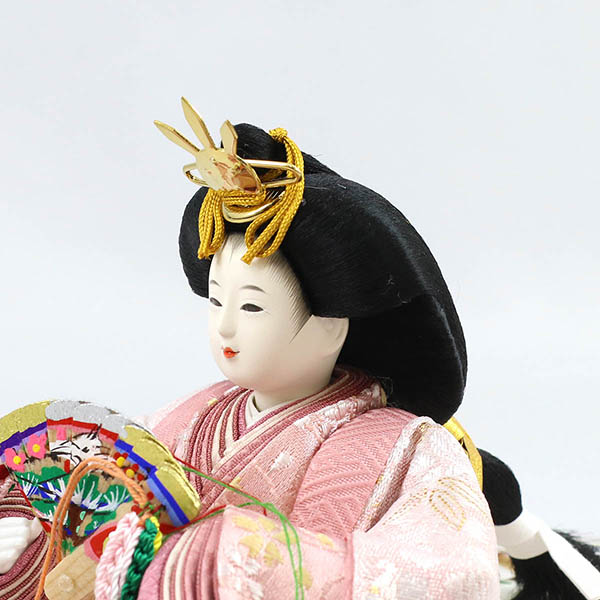 柴田家千代　 雛人形　柴田家千代作 葵 金襴 桜文様 薄緑/ピンク 柳親王 裾短衣裳着 アートフラワー 白木 木目 飾り台 屏風　詳細画像