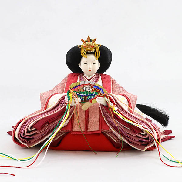 柴田家千代　 雛人形　柴田家千代作 葵 正絹麻の葉文様 紫/ピンク 柳親王 裾短衣裳着 アートフラワー 白木 木目 飾り台 屏風　詳細画像