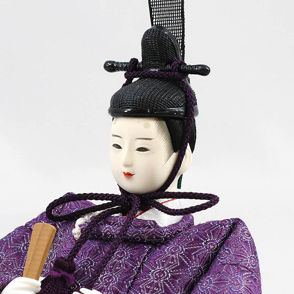 柴田家千代　 雛人形　柴田家千代作 葵 正絹麻の葉文様 紫/ピンク 柳親王 裾短衣裳着 アートフラワー 白木 木目 飾り台 屏風　詳細画像