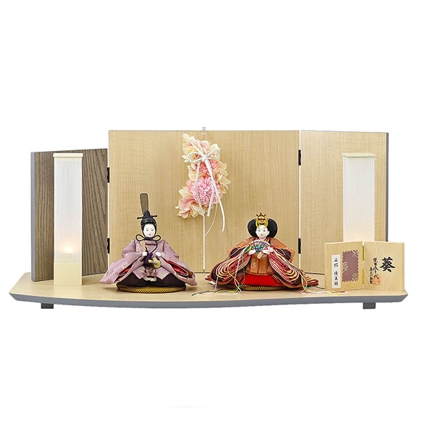 柴田家千代作 葵 正絹優美錦 薄紫/オレンジ 柳親王 裾短衣裳着 アートフラワー 白木 木目 飾り台