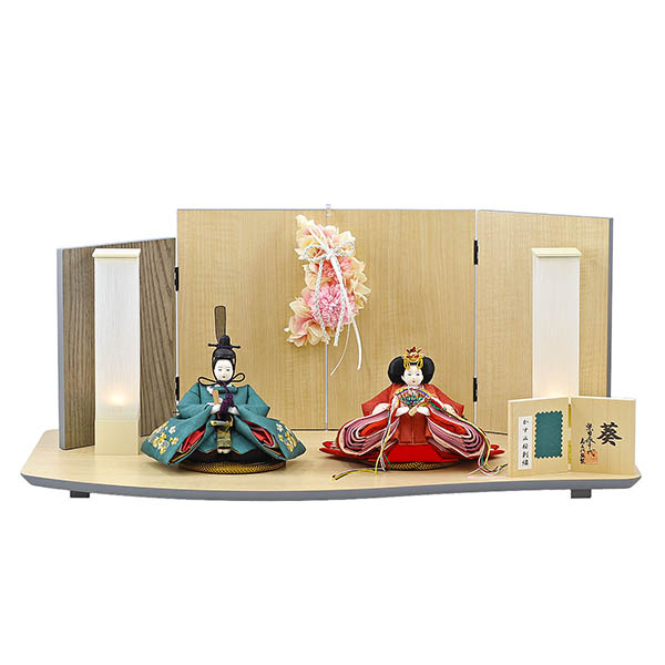 柴田家千代作 葵 かすみ桜刺繍 青緑/朱 柳親王 裾短衣裳着 アートフラワー 白木 木目 飾り台 屏