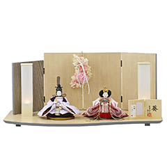 柴田家千代作 葵 刺繍リボンに梅 薄紫/ピンク 柳親王 裾短衣裳着 アートフラワー 白木 木目 飾り