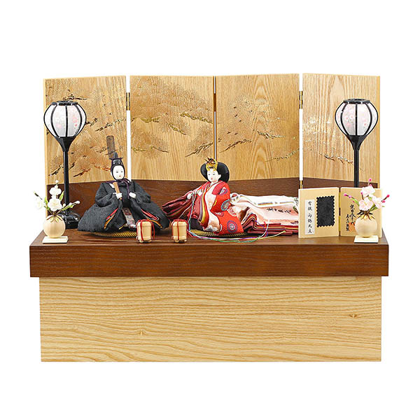 柴田家千代作 葵 有職 向鶴丸文 黒/赤 柳親王 裾長衣装着 紅白梅 扇面松文様屏風 タモ材 木製収