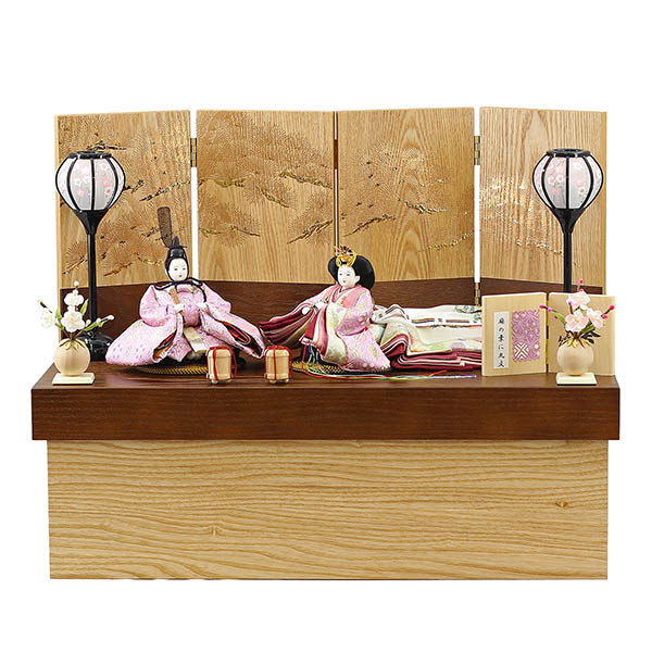 柴田家千代作 葵 麻の葉に丸文 薄紫ピンク 柳親王 裾長衣装着 紅白梅 扇面松文様屏風 タモ材 木製