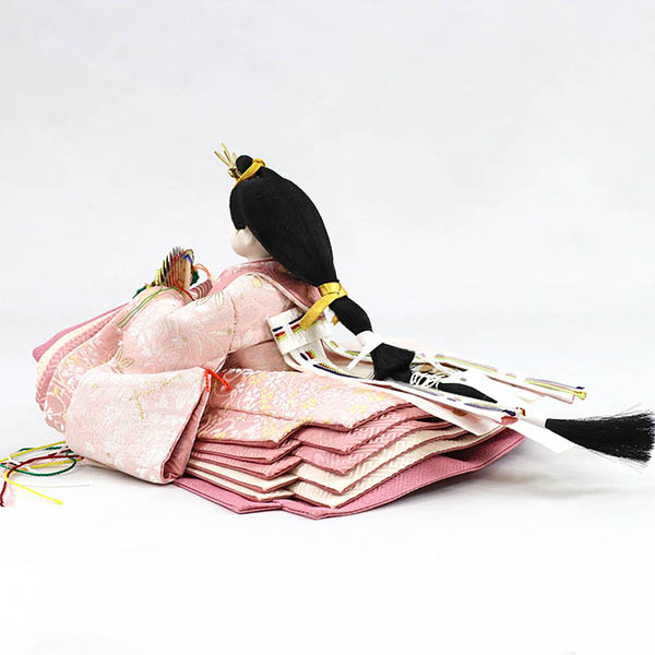 柴田家千代　 雛人形　柴田家千代作 葵 金襴 桜文様 薄緑/ピンク 柳親王 裾短衣裳着 紅白梅 扇面松文様屏風 タモ材 木製収納箱 収納飾り　詳細画像