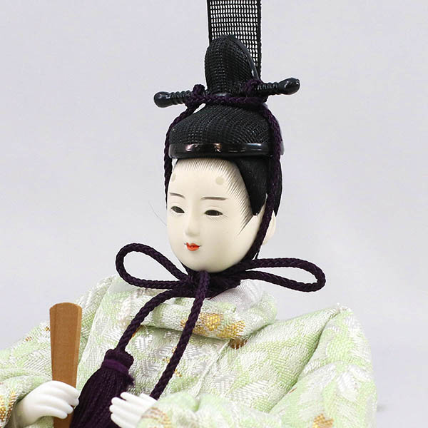 柴田家千代　 雛人形　柴田家千代作 葵 金襴 桜文様 薄緑/ピンク 柳親王 裾短衣裳着 紅白梅 扇面松文様屏風 タモ材 木製収納箱 収納飾り　詳細画像