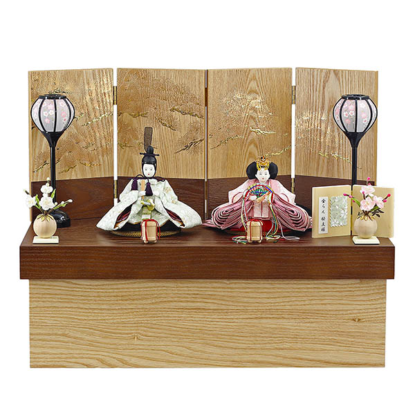 柴田家千代作 葵 金襴 桜文様 薄緑/ピンク 柳親王 裾短衣裳着 紅白梅 扇面松文様屏風 タモ材 木