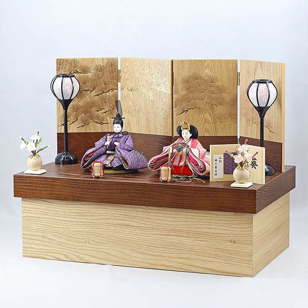 柴田家千代　 雛人形　柴田家千代作 葵 正絹麻の葉文様 紫/ピンク 柳親王 裾短衣裳着 紅白梅 扇面松文様屏風 タモ材 木製収納箱 収納飾り　詳細画像