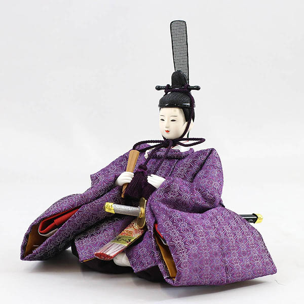 柴田家千代　 雛人形　柴田家千代作 葵 正絹麻の葉文様 紫/ピンク 柳親王 裾短衣裳着 紅白梅 扇面松文様屏風 タモ材 木製収納箱 収納飾り　詳細画像