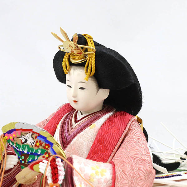 柴田家千代　 雛人形　柴田家千代作 葵 正絹麻の葉文様 紫/ピンク 柳親王 裾短衣裳着 紅白梅 扇面松文様屏風 タモ材 木製収納箱 収納飾り　詳細画像