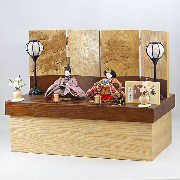 柴田家千代　 雛人形　柴田家千代作 葵 正絹優美錦 薄紫/オレンジ 柳親王 裾短衣裳着 紅白梅 扇面松文様屏風 タモ材 木製収納箱 収納飾り　詳細画像
