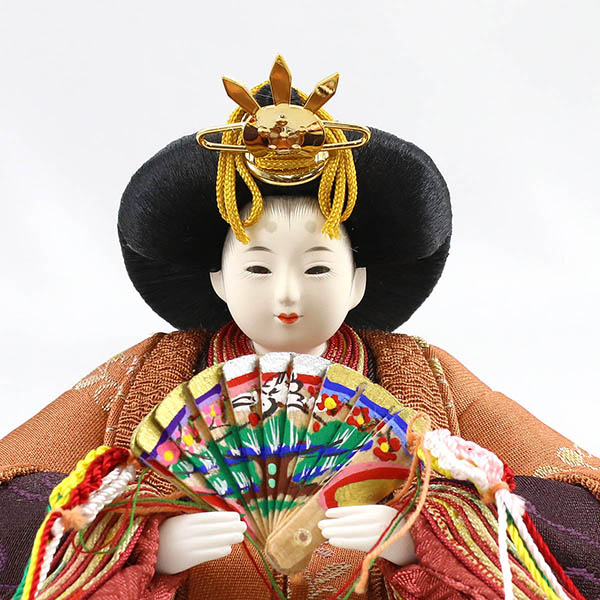 柴田家千代　 雛人形　柴田家千代作 葵 正絹優美錦 薄紫/オレンジ 柳親王 裾短衣裳着 紅白梅 扇面松文様屏風 タモ材 木製収納箱 収納飾り　詳細画像