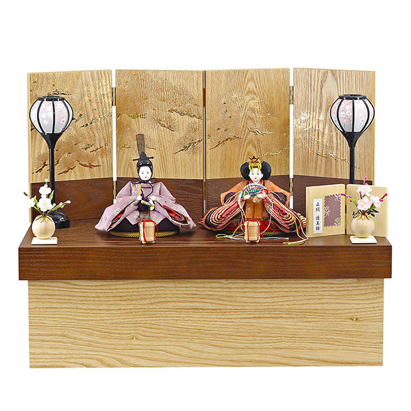 柴田家千代作 葵 正絹優美錦 薄紫/オレンジ 柳親王 裾短衣裳着 紅白梅 扇面松文様屏風 タモ材 木