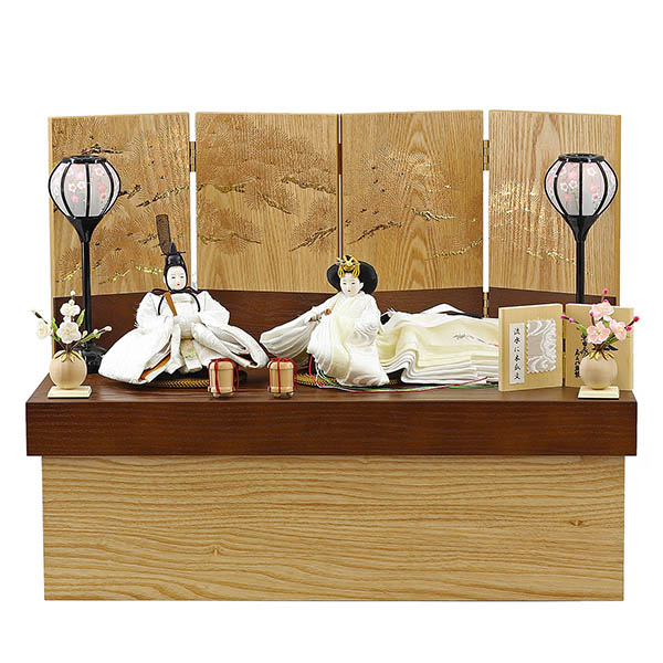 柴田家千代作 葵 流水に木瓜文 白無垢風 柳親王 裾長衣装着 紅白梅 扇面松文様屏風 タモ材 木製収