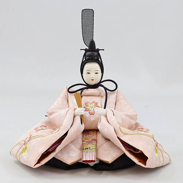 柴田家千代　 雛人形　柴田家千代作 葵 流水桜刺繍 ピンク 柳親王 裾長衣裳着 紅白梅 扇面松文様屏風 タモ材 木製収納箱 収納飾り　詳細画像