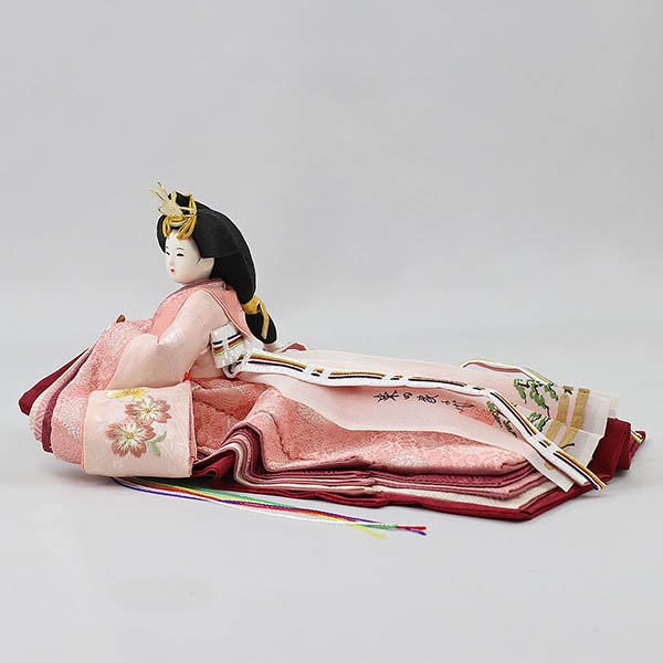 柴田家千代　 雛人形　柴田家千代作 葵 流水桜刺繍 ピンク 柳親王 裾長衣裳着 紅白梅 扇面松文様屏風 タモ材 木製収納箱 収納飾り　詳細画像