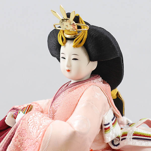 柴田家千代　 雛人形　柴田家千代作 葵 流水桜刺繍 ピンク 柳親王 裾長衣裳着 紅白梅 扇面松文様屏風 タモ材 木製収納箱 収納飾り　詳細画像