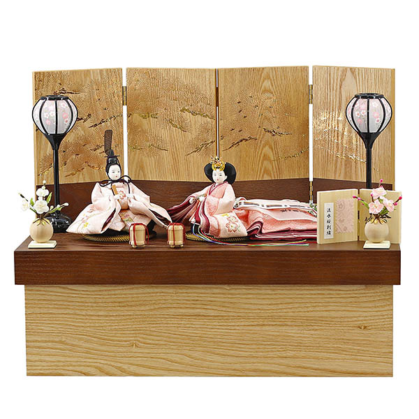 柴田家千代作 葵 流水桜刺繍 ピンク 柳親王 裾長衣裳着 紅白梅 扇面松文様屏風 タモ材 木製収納箱