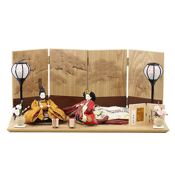 柴田家千代作 葵 黄櫨染 唐花文様 金茶/赤 柳親王 裾長衣装着 紅白梅 扇面松文様屏風 タモ材 木