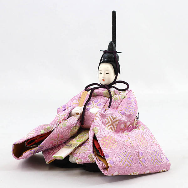 柴田家千代　 雛人形　柴田家千代作 葵 麻の葉に丸文 薄紫ピンク 柳親王 裾長衣装着 紅白梅 扇面松文様屏風 タモ材 木製飾り台 平飾り　詳細画像