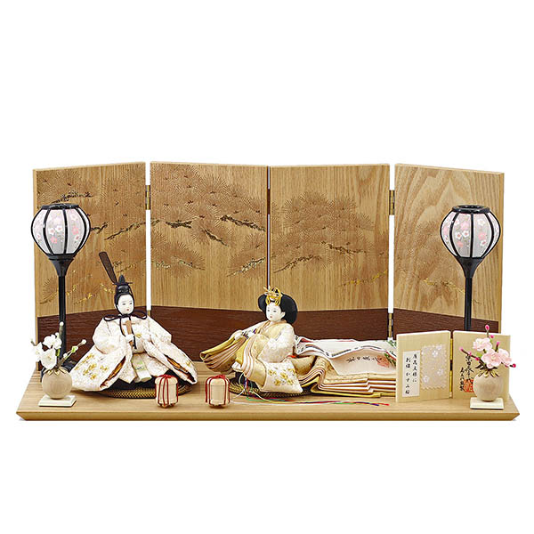 柴田家千代作 葵 唐花文様に刺繍 かすみ桜 白金 柳親王 裾長衣裳着 紅白梅 扇面松文様屏風 タモ材