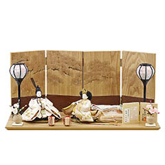 柴田家千代作 葵 唐花文様に刺繍 かすみ桜 白金 柳親王 裾長衣裳着 紅白梅 扇面松文様屏風 タモ材