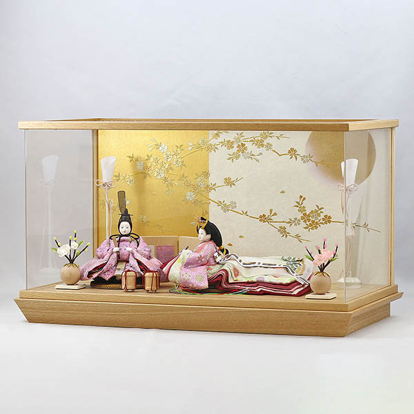 柴田家千代　 雛人形　柴田家千代作 葵 麻の葉に丸文 薄紫ピンク 柳親王 裾長衣装着 白金 月に桜 木製 タモ材 アクリルケース　詳細画像