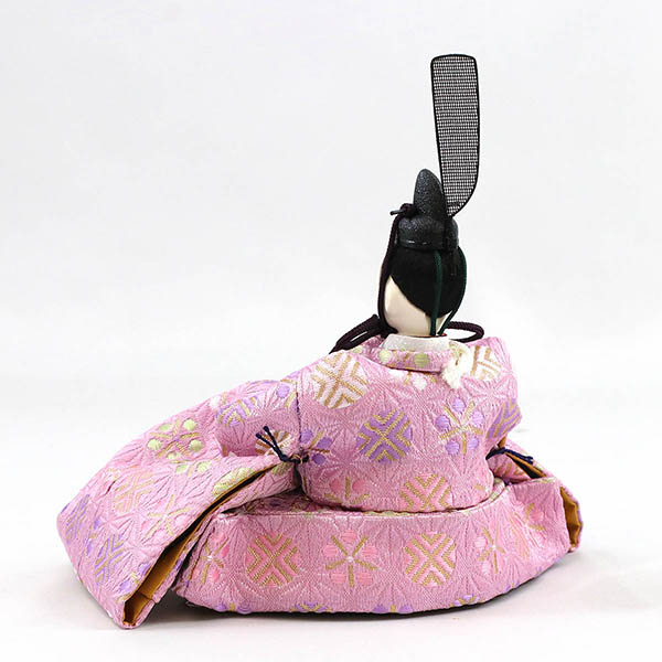 柴田家千代　 雛人形　柴田家千代作 葵 麻の葉に丸文 薄紫ピンク 柳親王 裾長衣装着 白金 月に桜 木製 タモ材 アクリルケース　詳細画像