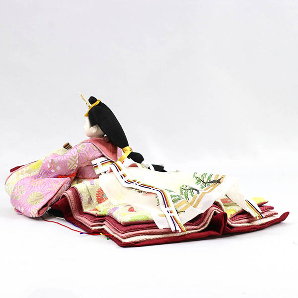 柴田家千代　 雛人形　柴田家千代作 葵 麻の葉に丸文 薄紫ピンク 柳親王 裾長衣装着 白金 月に桜 木製 タモ材 アクリルケース　詳細画像