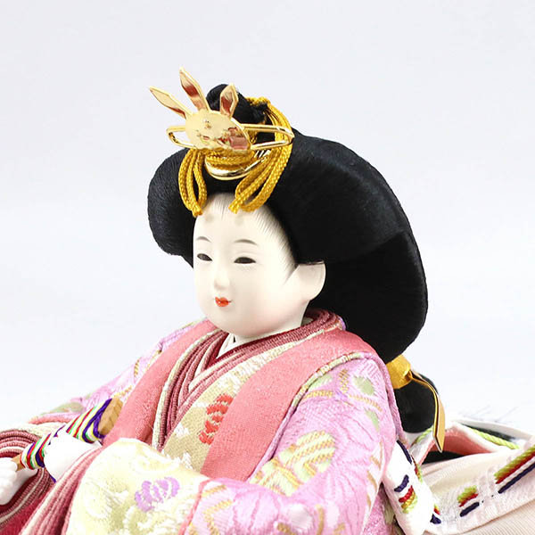 柴田家千代　 雛人形　柴田家千代作 葵 麻の葉に丸文 薄紫ピンク 柳親王 裾長衣装着 白金 月に桜 木製 タモ材 アクリルケース　詳細画像