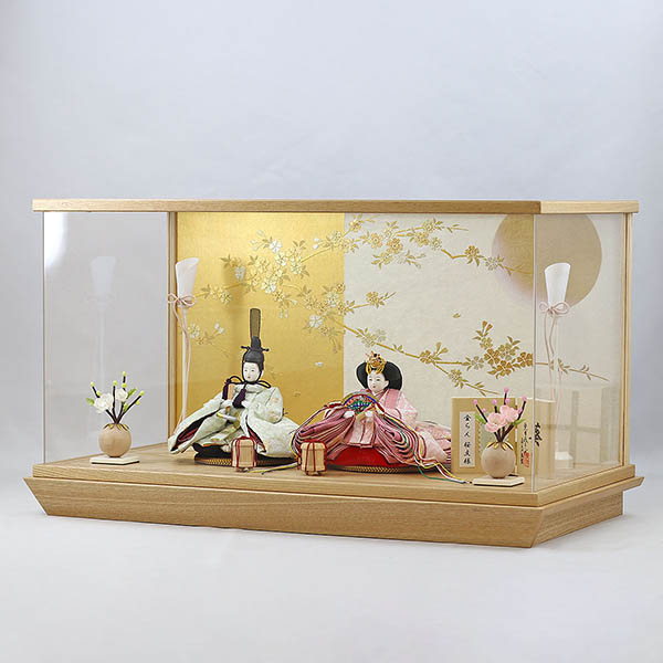 柴田家千代　 雛人形　柴田家千代作 葵 金襴 桜文様 薄緑/ピンク 柳親王 裾短衣裳着 白金 月に桜 木製 タモ材 アクリルケース　詳細画像
