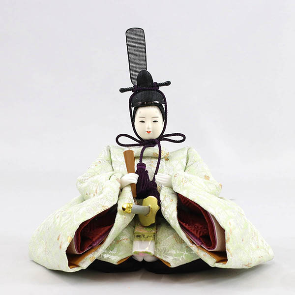 柴田家千代　 雛人形　柴田家千代作 葵 金襴 桜文様 薄緑/ピンク 柳親王 裾短衣裳着 白金 月に桜 木製 タモ材 アクリルケース　詳細画像