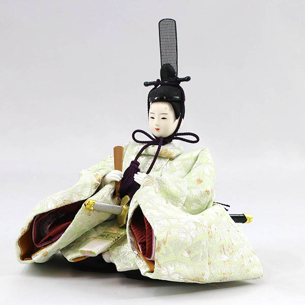柴田家千代　 雛人形　柴田家千代作 葵 金襴 桜文様 薄緑/ピンク 柳親王 裾短衣裳着 白金 月に桜 木製 タモ材 アクリルケース　詳細画像