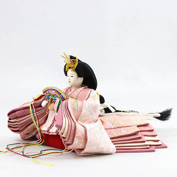 柴田家千代　 雛人形　柴田家千代作 葵 金襴 桜文様 薄緑/ピンク 柳親王 裾短衣裳着 白金 月に桜 木製 タモ材 アクリルケース　詳細画像