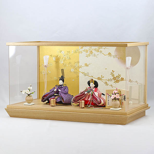 柴田家千代　 雛人形　柴田家千代作 葵 正絹麻の葉文様 紫/ピンク 柳親王 裾短衣裳着 白金 月に桜 木製 タモ材 アクリルケース　詳細画像