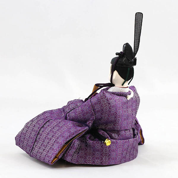 柴田家千代　 雛人形　柴田家千代作 葵 正絹麻の葉文様 紫/ピンク 柳親王 裾短衣裳着 白金 月に桜 木製 タモ材 アクリルケース　詳細画像