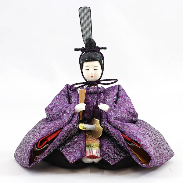 柴田家千代　 雛人形　柴田家千代作 葵 正絹麻の葉文様 紫/ピンク 柳親王 裾短衣裳着 白金 月に桜 木製 タモ材 アクリルケース　詳細画像