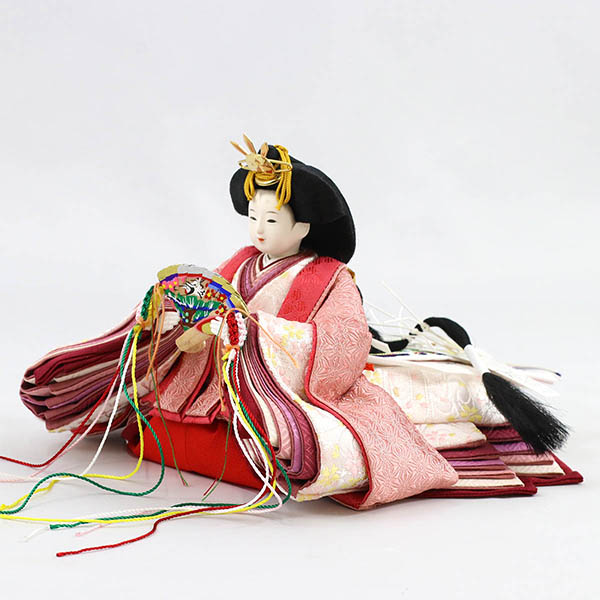 柴田家千代　 雛人形　柴田家千代作 葵 正絹麻の葉文様 紫/ピンク 柳親王 裾短衣裳着 白金 月に桜 木製 タモ材 アクリルケース　詳細画像