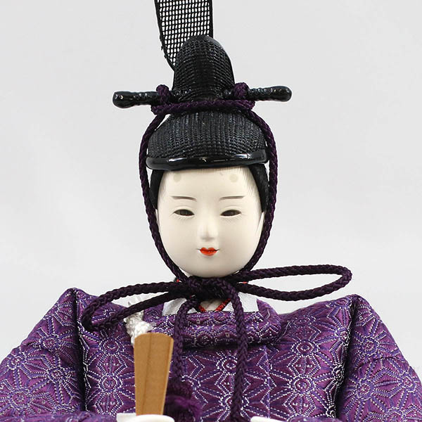 柴田家千代　 雛人形　柴田家千代作 葵 正絹麻の葉文様 紫/ピンク 柳親王 裾短衣裳着 白金 月に桜 木製 タモ材 アクリルケース　詳細画像