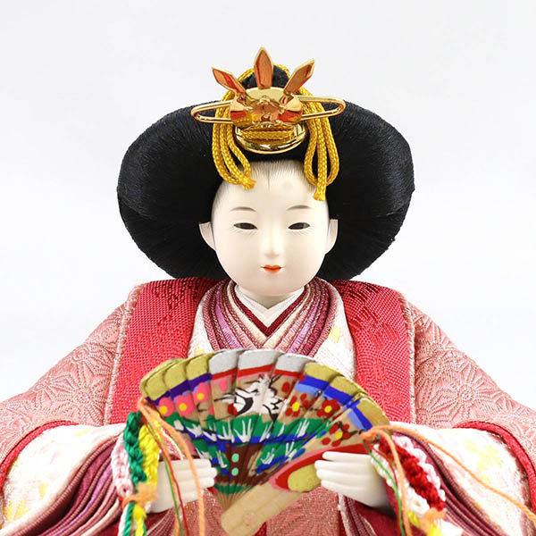 柴田家千代　 雛人形　柴田家千代作 葵 正絹麻の葉文様 紫/ピンク 柳親王 裾短衣裳着 白金 月に桜 木製 タモ材 アクリルケース　詳細画像