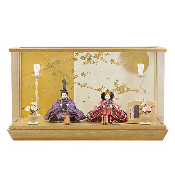 柴田家千代作 葵 正絹麻の葉文様 紫/ピンク 柳親王 裾短衣裳着 白金 月に桜 木製 タモ材 アクリ