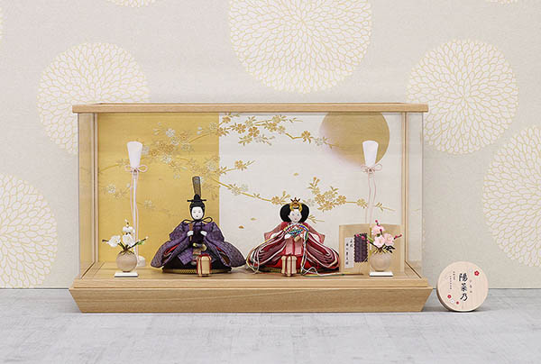 柴田家千代　 雛人形　柴田家千代作 葵 正絹麻の葉文様 紫/ピンク 柳親王 裾短衣裳着 白金 月に桜 木製 タモ材 アクリルケース　詳細画像