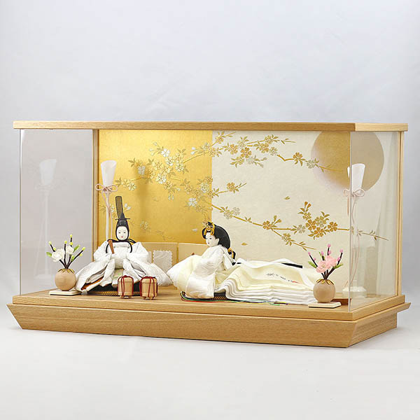 柴田家千代　 雛人形　柴田家千代作 葵 流水に木瓜文 白無垢風 柳親王 裾長衣装着 白金 月に桜 木製 タモ材 アクリルケース　詳細画像