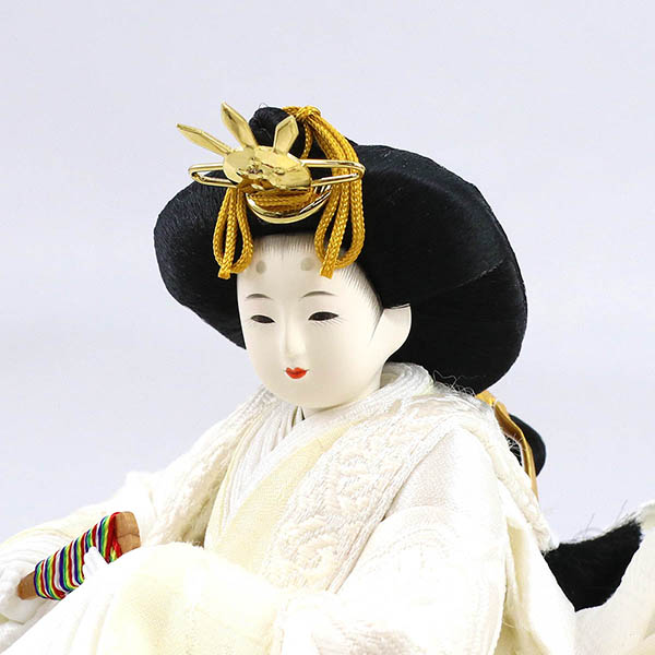 柴田家千代　 雛人形　柴田家千代作 葵 流水に木瓜文 白無垢風 柳親王 裾長衣装着 白金 月に桜 木製 タモ材 アクリルケース　詳細画像