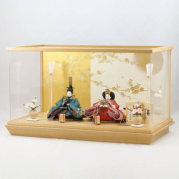 柴田家千代　 雛人形　柴田家千代作 葵 かすみ桜刺繍 青緑/朱 柳親王 裾短衣裳着 白金 月に桜 木製 タモ材 アクリルケース　詳細画像